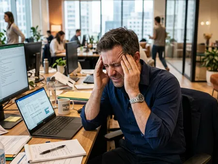 Frustrated professional looking at laptop